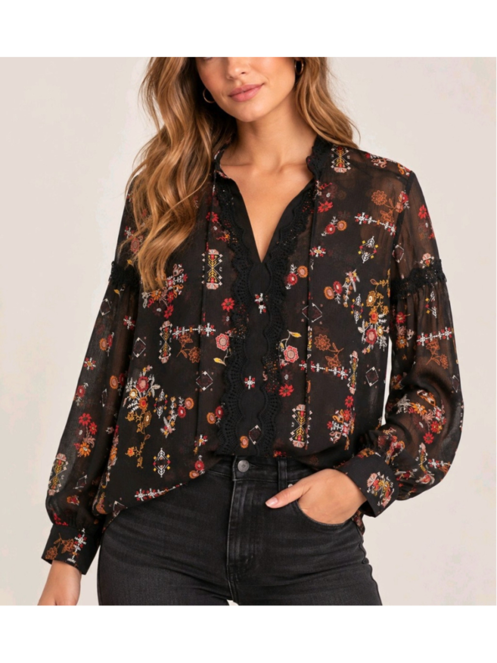 Derek Lam 10 Crosby Silk Sheer Dark Floral Boho Romantic Blouse Size 8 $325